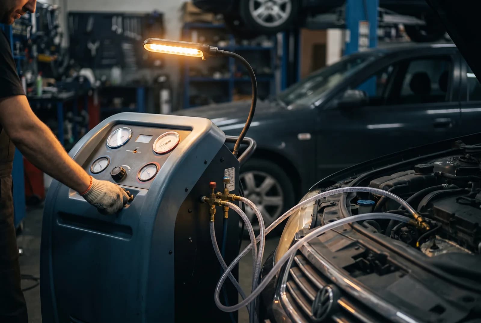Klimaservice: ein Klimaservicegerät ist über Schläuche mit dem geöffneten Motorraum eines Fahrzeugs verbunden.