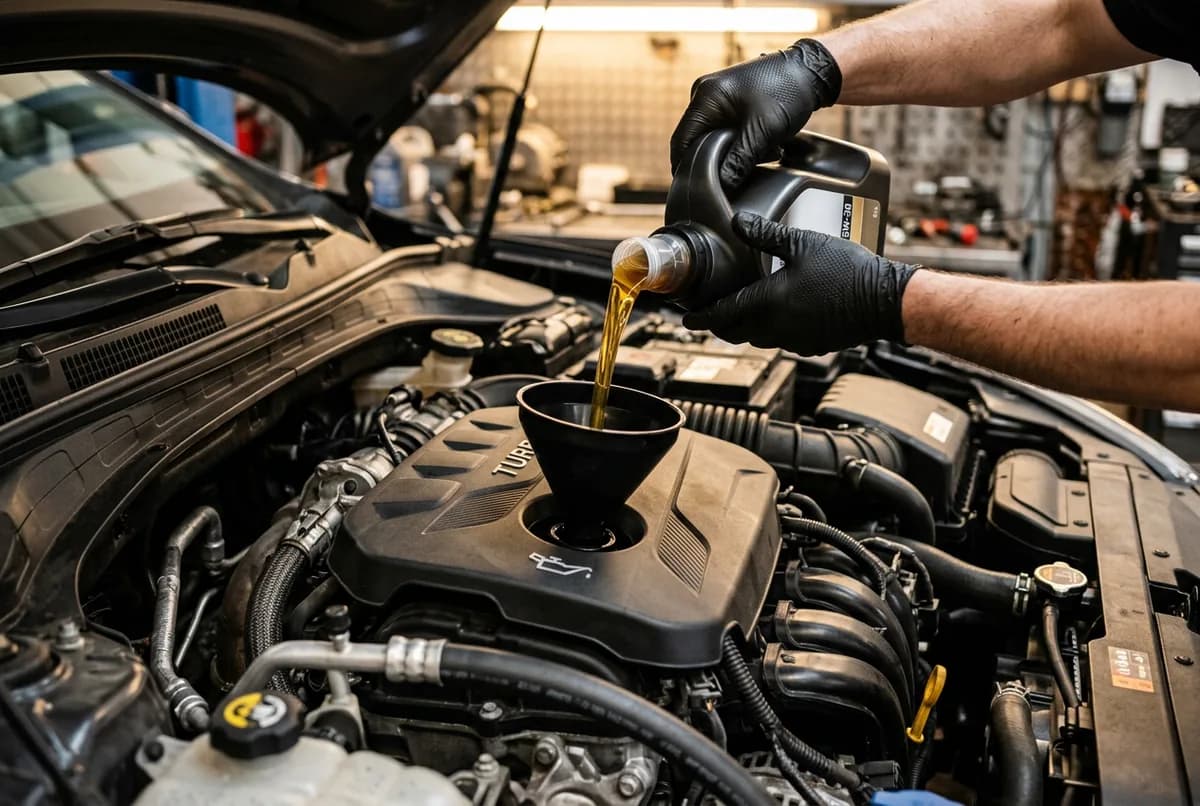 Ölwechsel in der Werkstatt: frisches Motoröl wird über einen Trichter in den Einfüllstutzen gefüllt.