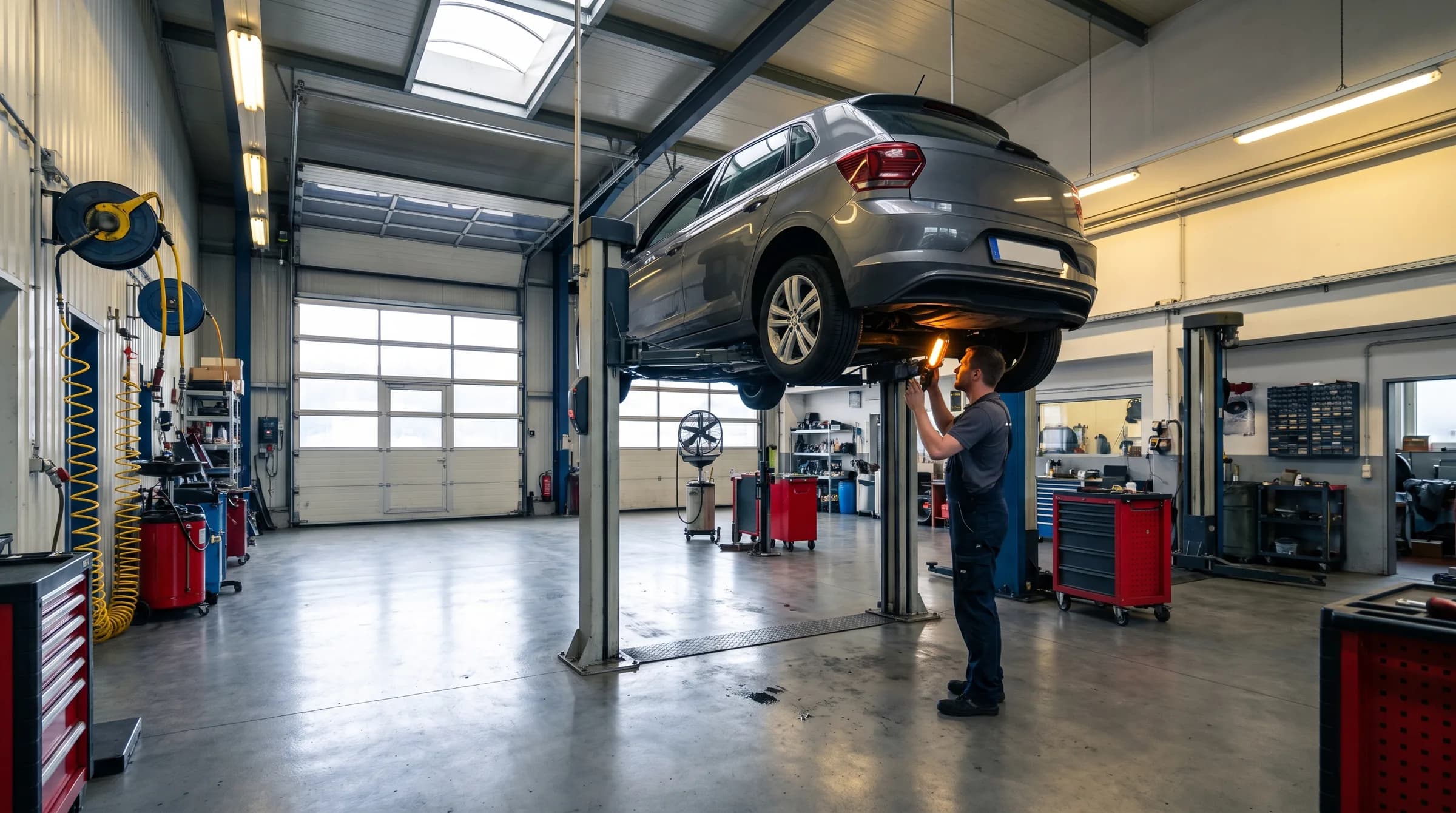 Blick in eine KFZ-Werkstatt: ein Fahrzeug auf der Hebebühne, ein Mechaniker prüft den Unterboden mit einer Arbeitsleuchte.